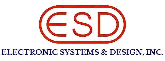 A red and white logo of esd electric systems & design.